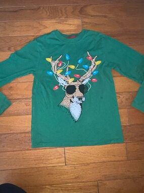 Holiday Time Green Long-Sleeve Tee with Sunglasses Reindeer and Colorful Lights